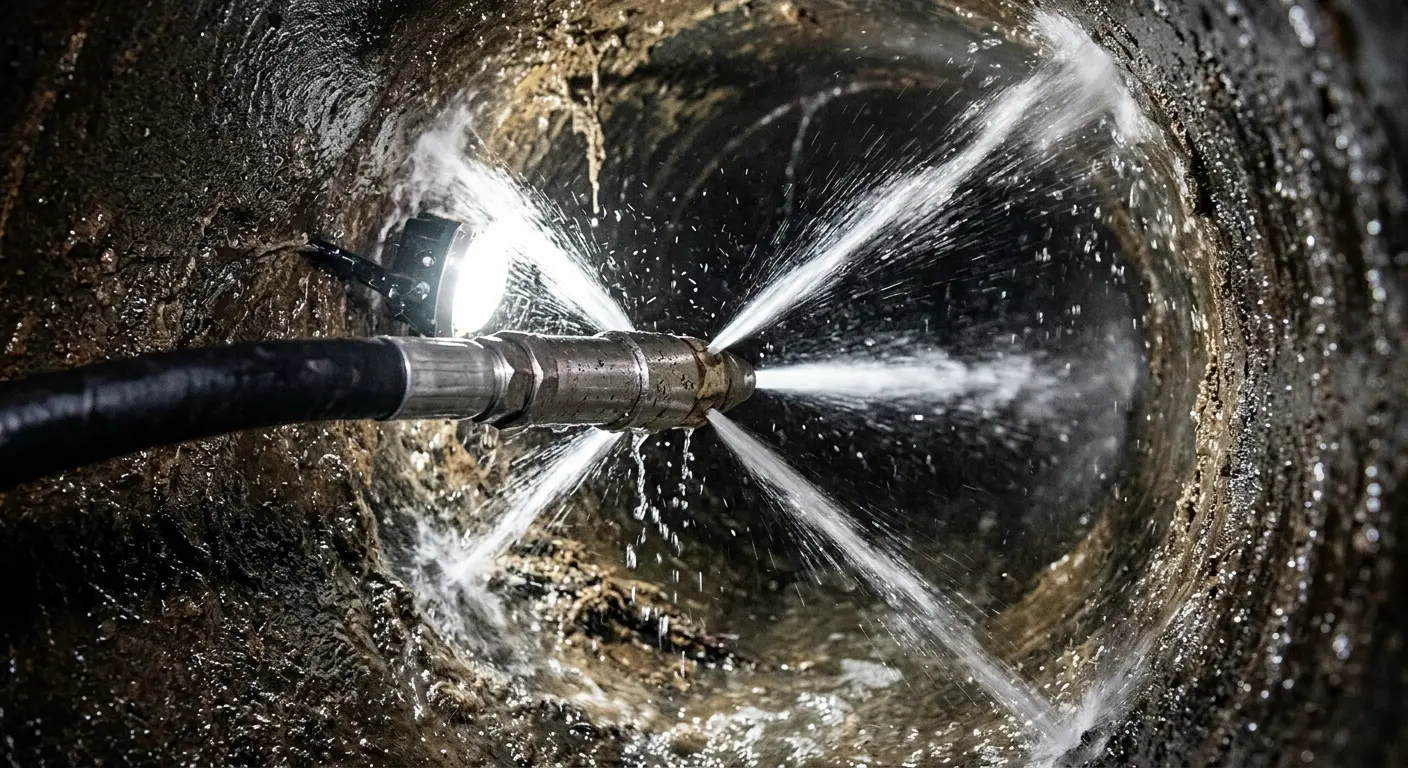 High-pressure hydro jetting nozzle cleaning sewer pipe for Emergency Drain Service in Tukwila