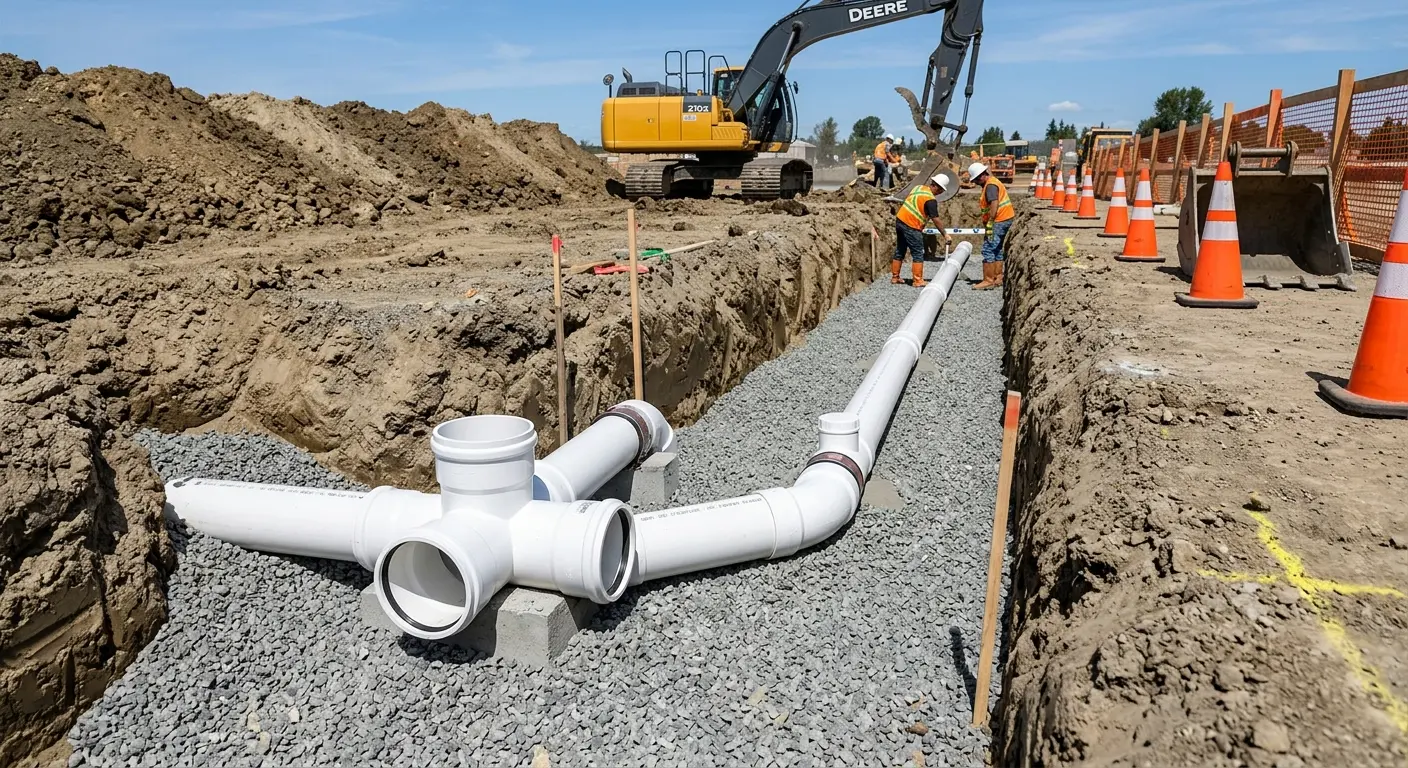 New PVC sewer pipe installation in open trench for Sewer Backup in Tukwila