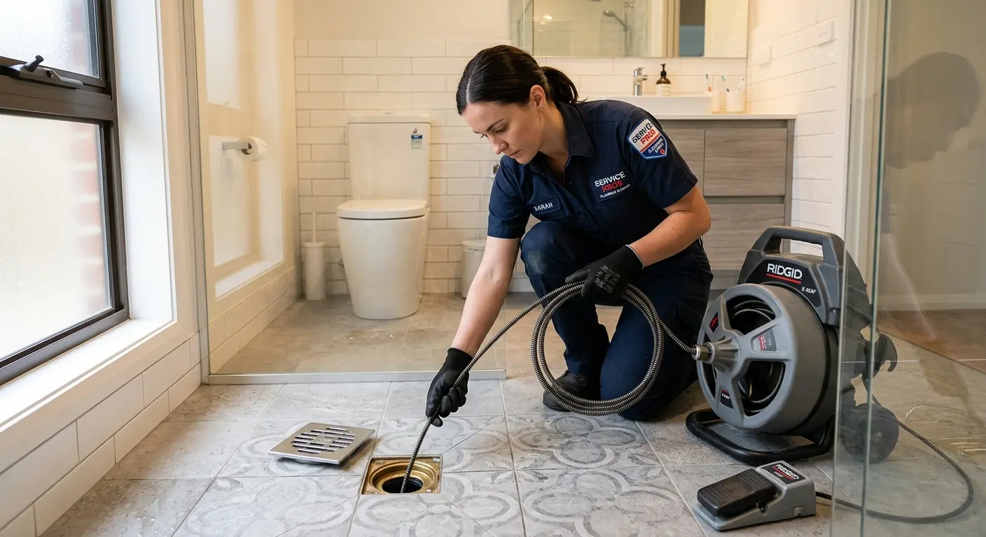 Technician clearing a bathroom floor drain for Drain Cleaning in Tukwila